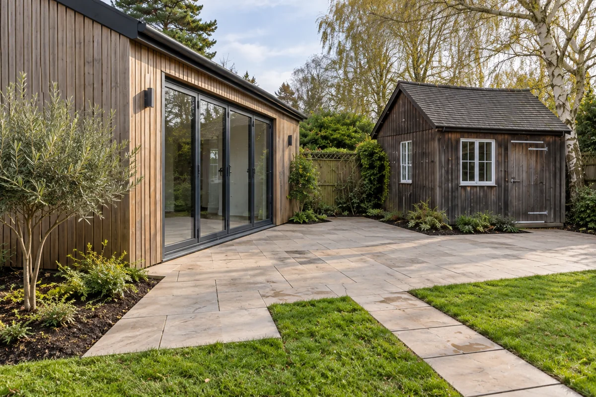 Glazed garden room and timber outbuilding beside a paved courtyard