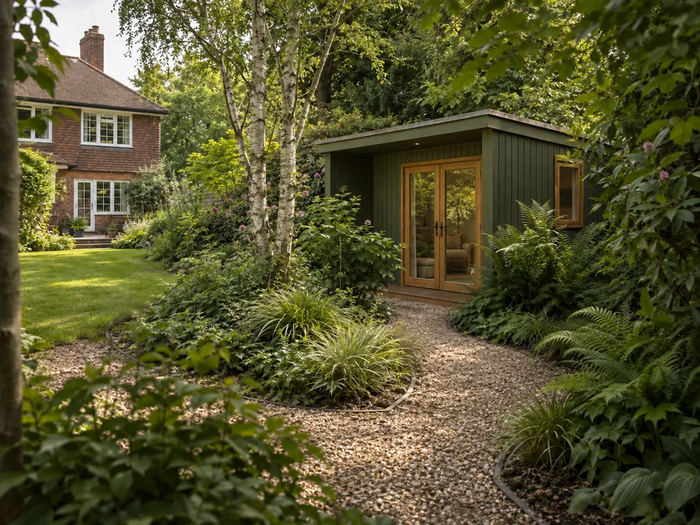 Green garden room beside a gravel path and established planting