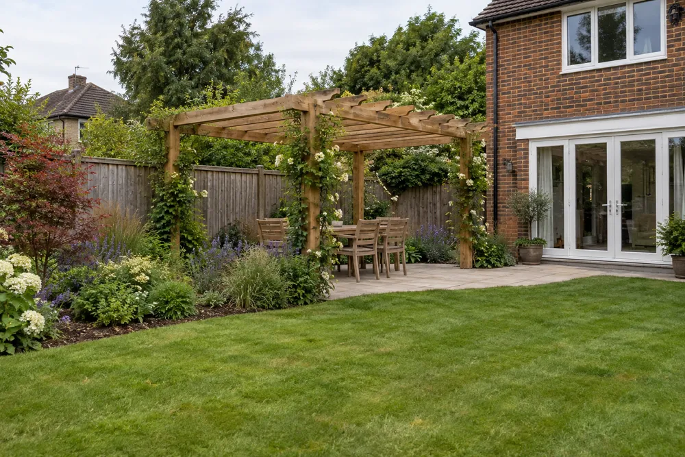 Pergola and planted borders beside a brick home