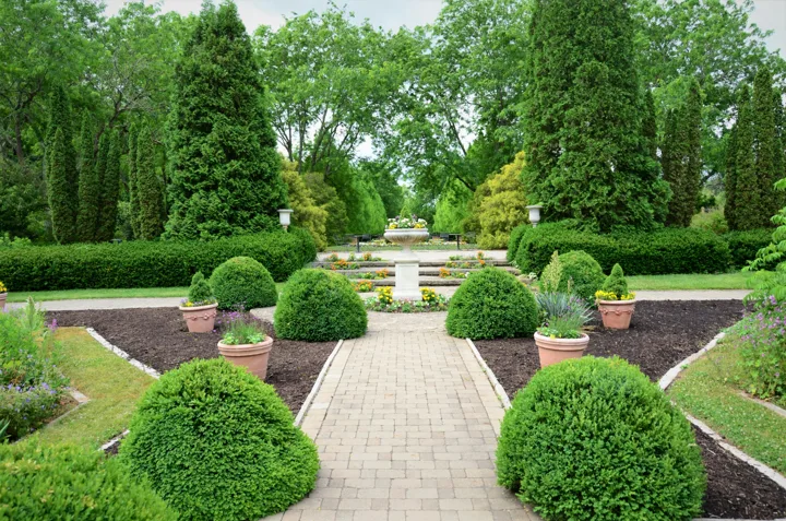 Structured garden with clipped hedges and gravel paths