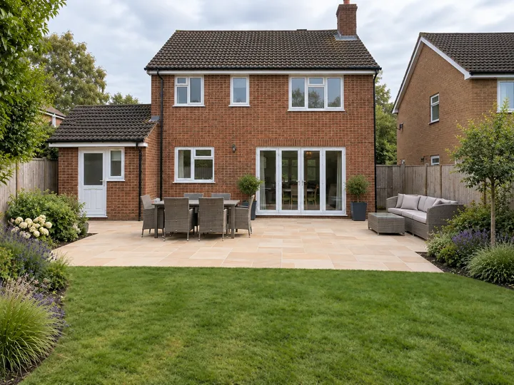 Stone patio with dining and seating areas beside a lawn