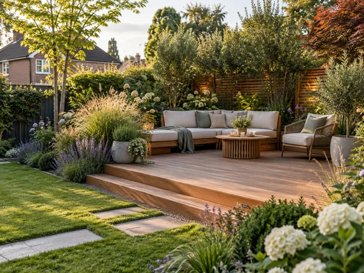 Raised timber deck with steps and planted borders