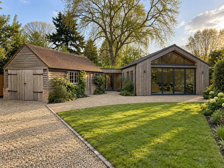 Gravel courtyard linking timber garden buildings