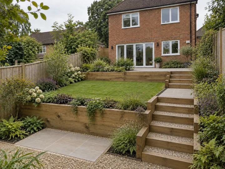 Timber retaining walls and steps through a terraced garden