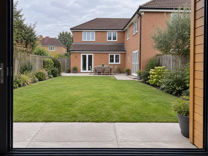 View from a garden room across paving and lawn to a patio beside a brick house
