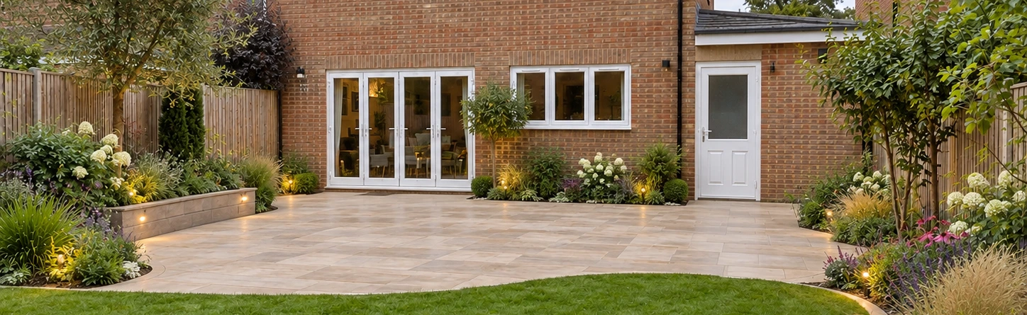 Stone patio and planted borders beside a brick home