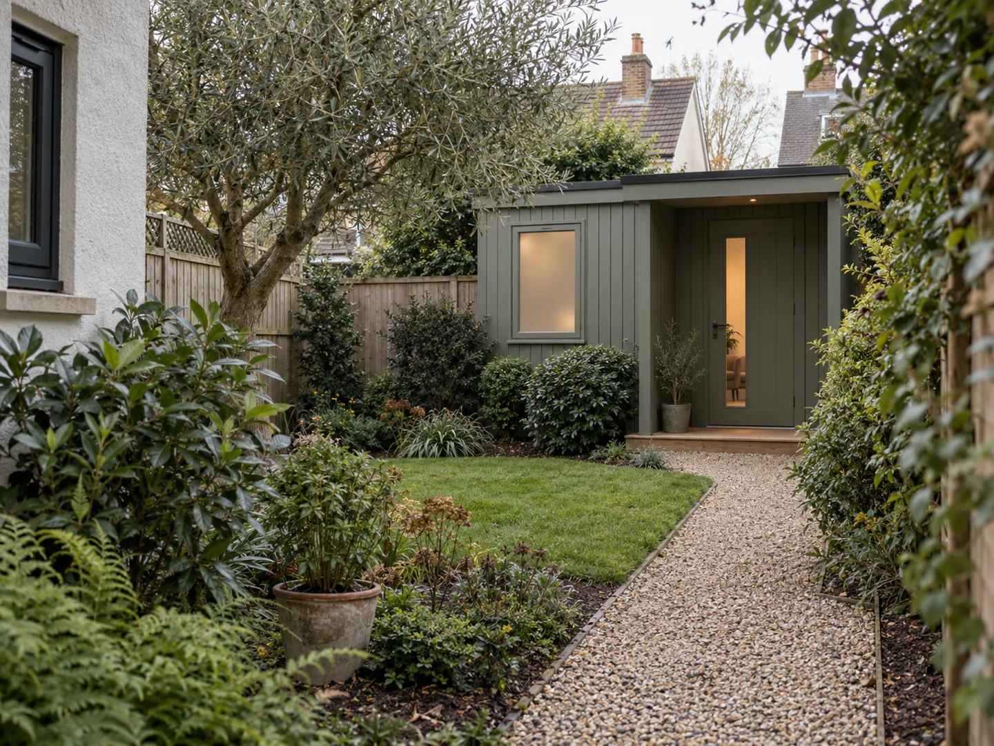Compact garden room beside a gravel garden path
