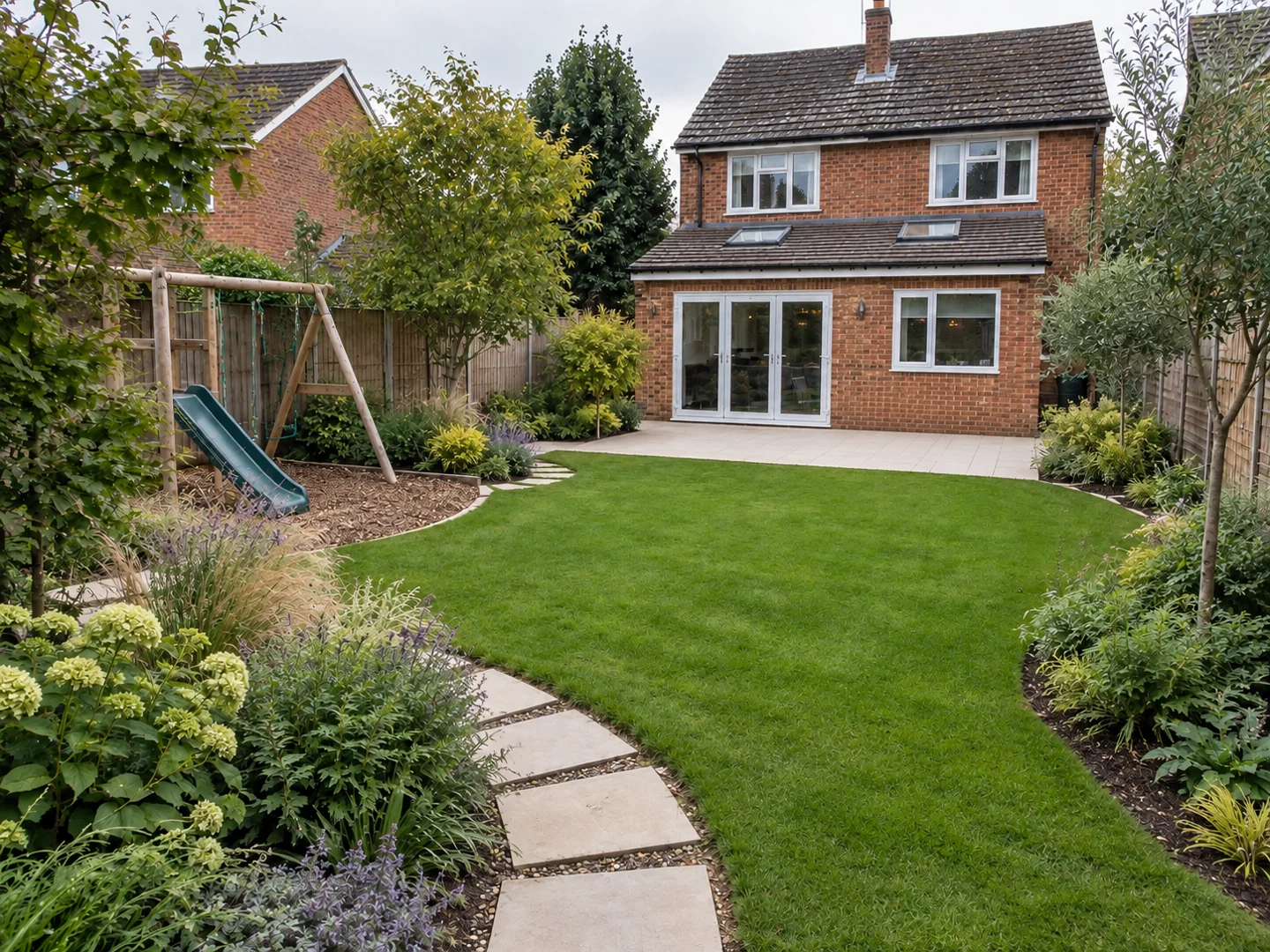 Family garden with lawn, curved path and play area