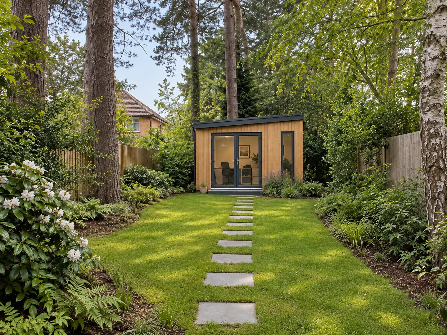Stepping stone path leading to a timber garden studio