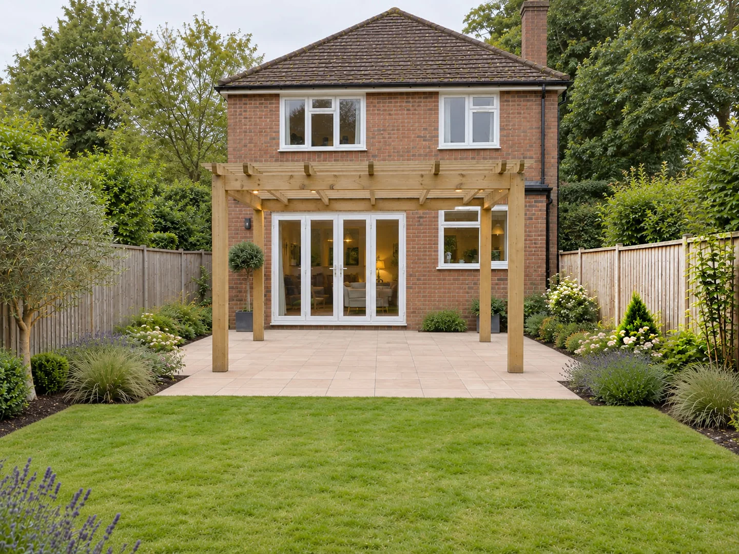 Timber pergola defining a paved dining area behind a brick house
