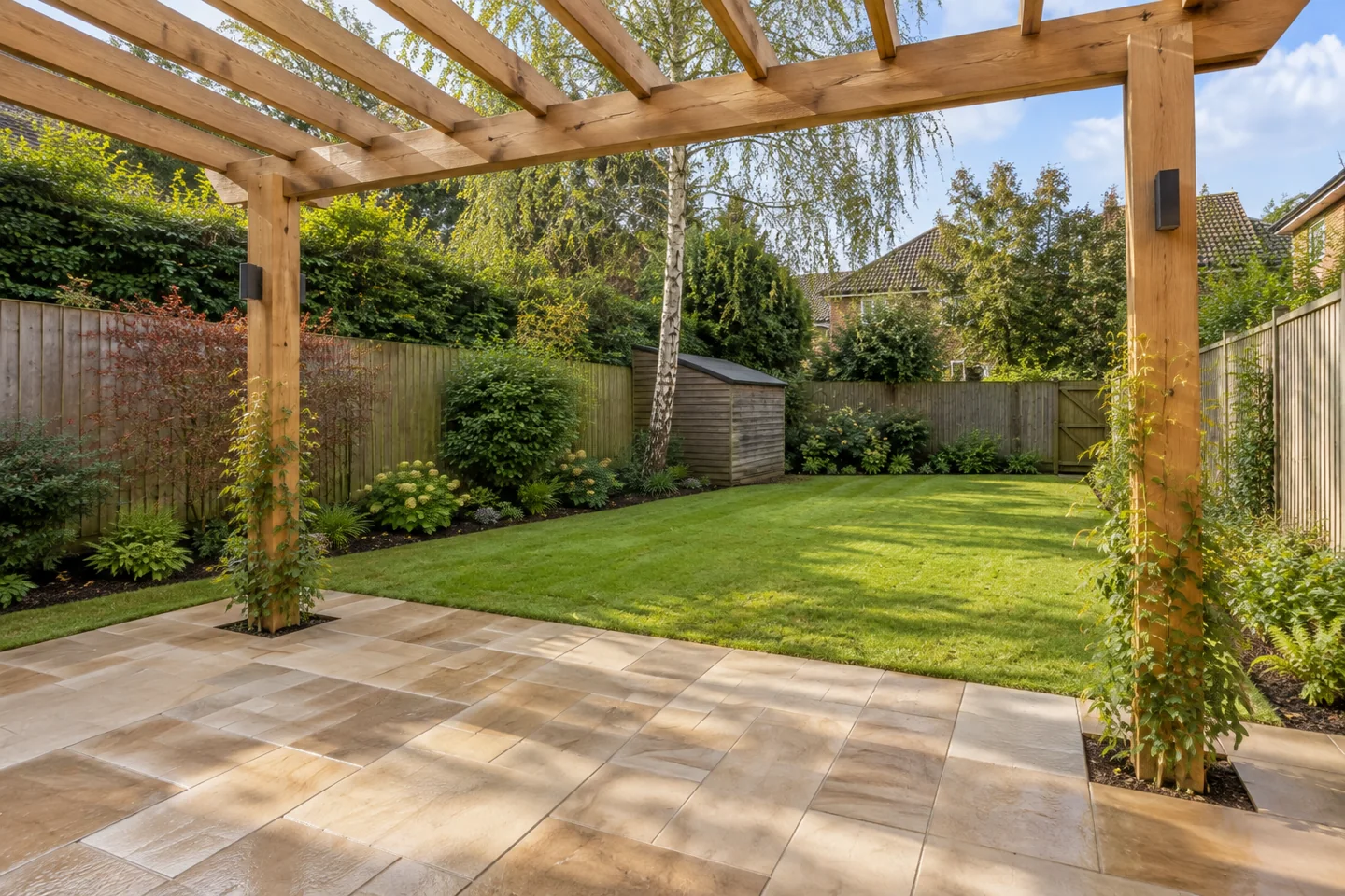 View from beneath a timber pergola across the patio and lawn