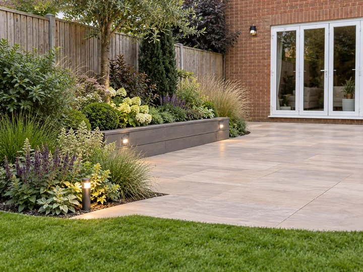 Pale paving and defined planted borders beside a brick home