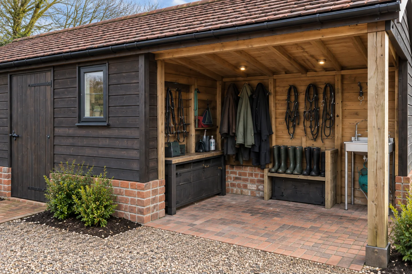 Timber tack and boot room with equipment storage and a covered entrance