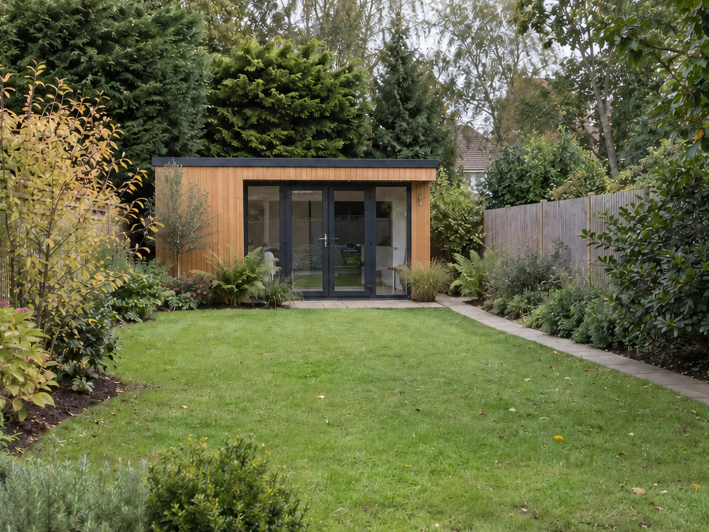 Timber garden studio framed by mature planting