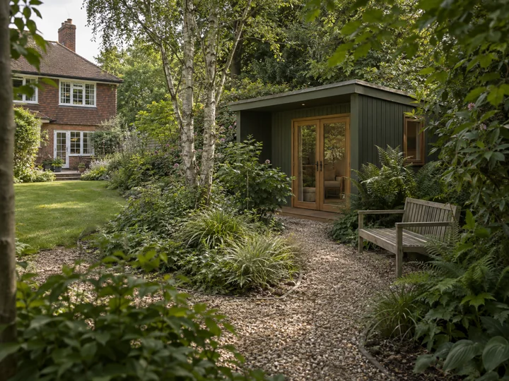 Timber garden room within mature planting